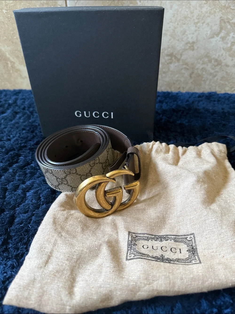 Gucci Beige GG Canvas Belt with Antique Gold Double G Buckle